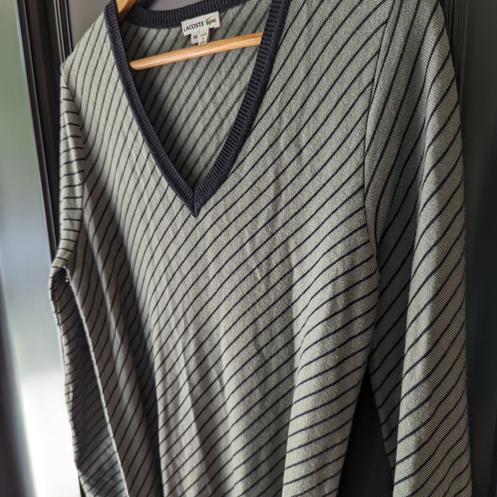 Lacoste Women's Wool Sweater Dress - Navy/Green Striped V-Neck